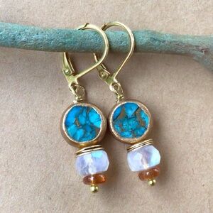 Turquoise Moonstone Gold Edge Sundance Charm Earrings
